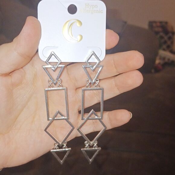 3 for 26 - Charming Charlie Triangle Rectangle Silver Drop Earrings - Picture 2 of 4